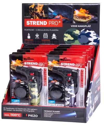 Zapaľovač Strend Pro Mini horák so stojanom, kamufláž, plniteľný, 75x45x120 mm, Sellbox 12 ks